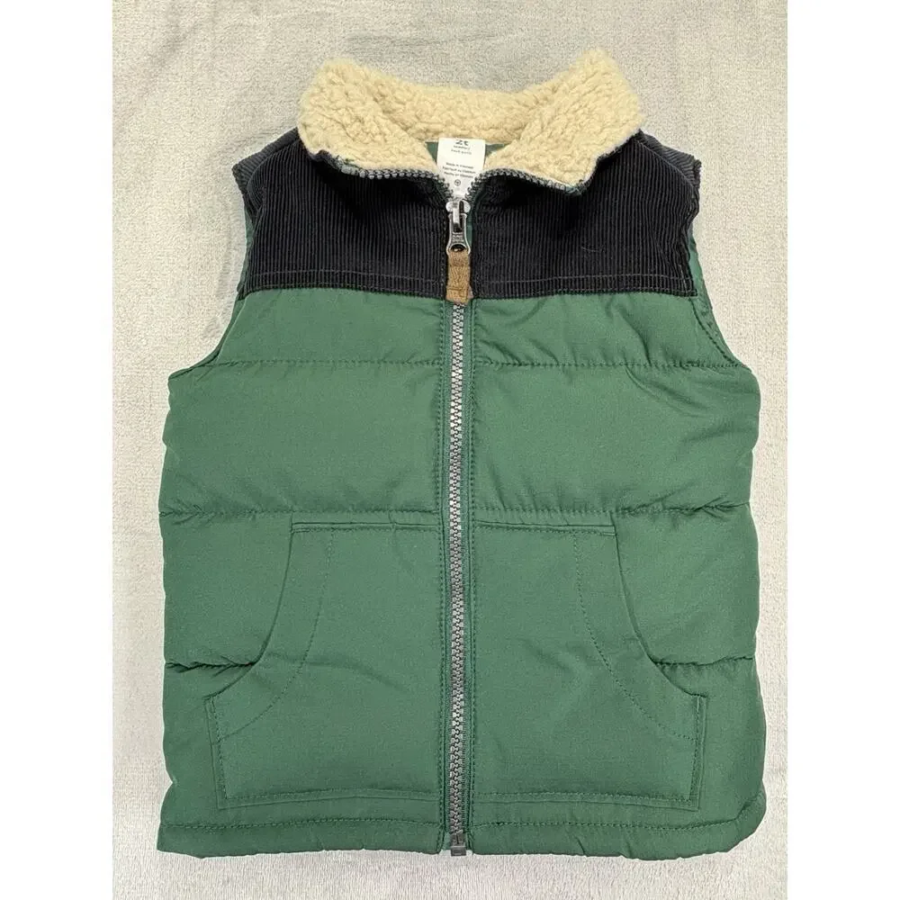 Carter’s Toddler Puffer Vest Size 2T Green Blue Corduroy Collar Sherpa